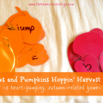 Apples and Pumpkins Hoppin' Harvest Game {thehomeschoolvillage.com} - an active game that incorporates sight words, letter/number recognition, math facts and more while getting exercise!